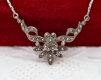 Sterling silver necklace with marcasite, Antique flowers silver necklace