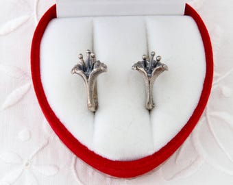 Orecchini vintage sovietici in argento sterling, orecchini a forma di fiore, fiori di giglio, fiori di calla