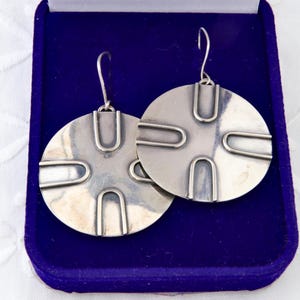 Sterling silver disc earrings, Large round earrings, Dangling flat disc earrings, Vintage handmade silver earrings