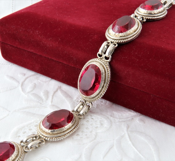 Sterling silver ruby bracelet, Large oval links b… - image 1