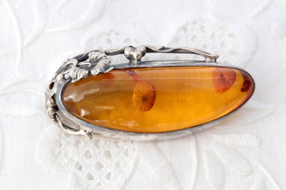 Large sterling silver brooch with amber, Oval bro… - image 7
