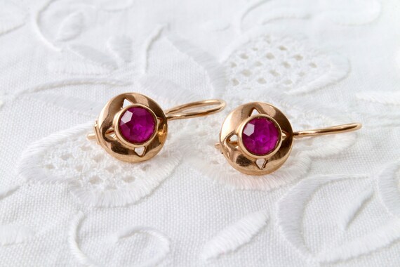 Soviet gold earrings with ruby, Red ruby earrings… - image 8