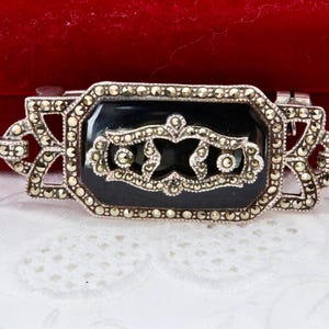 Vintage sterling silver brooch black onyx and marcasite, Black brooch Art deco, Victorian silver brooch black onyx