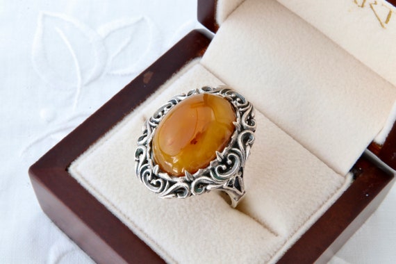 Sterling silver ring with natural amber, Filigree… - image 2