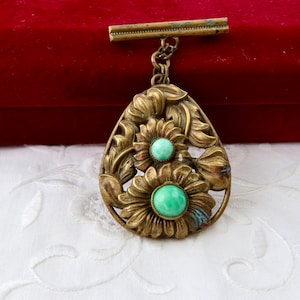 Antique brooch Neiger, Art Deco 1920s Czech brooch of brass, Floral brooch medal, Hanging brooch shape drop with Peking glass, Handmade