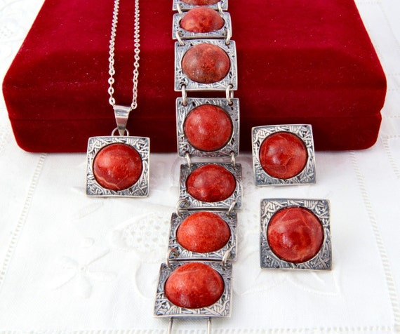 Sterling silver coral bracelet, Links bracelet, Silver coral earrings, Silver coral necklace, Vintage silver jewelry set with red coral