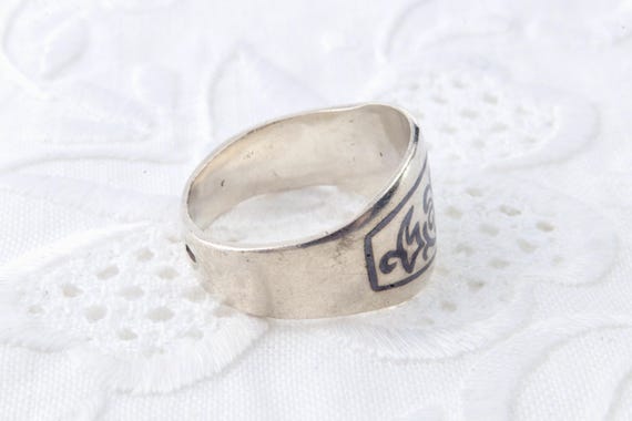 Solid stripe sterling silver ring, Black floral p… - image 7