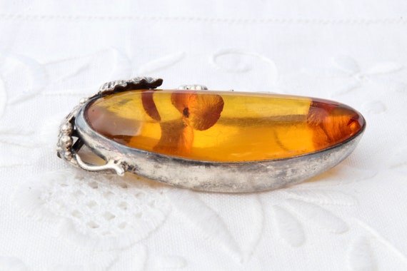 Large sterling silver brooch with amber, Oval bro… - image 6