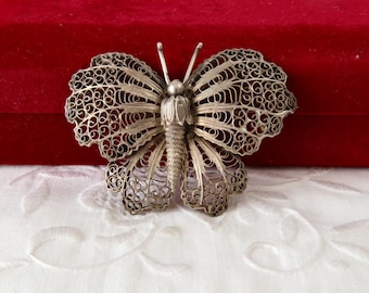 Ancienne Broche Papillon Filigrane - Vermeil Argent Plaqué Or, Poinçon Minerve 925