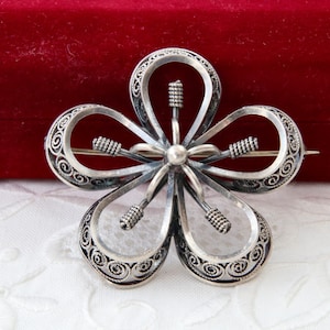 Sterling silver filigree flower brooch, Round brooch, Vintage silver brooch, Silver filigree jewelry