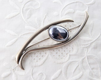 Sterling silver brooch with hematite, Large long brooch on the lapel of  jacket, Abstract black brooch