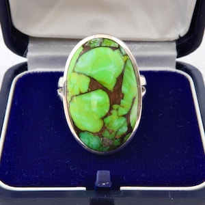 Sterling silver turquoise ring, Large oval ring with natural green turquoise, Handmade silver ring