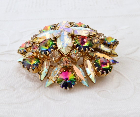 Flower brooch with rhinestones aurora borealis, V… - image 5