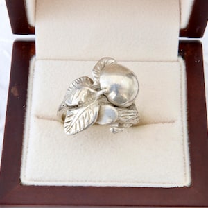 Sterling silver apple ring, Large apple twig ring, Leaves ring, Vintage handmade silver ring