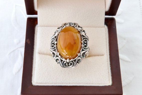 Sterling silver ring with natural amber, Filigree… - image 1