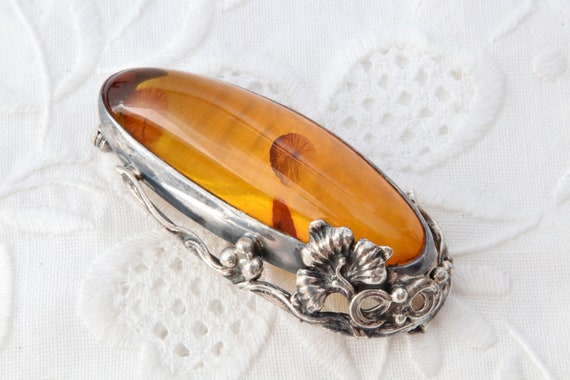 Large sterling silver brooch with amber, Oval bro… - image 3