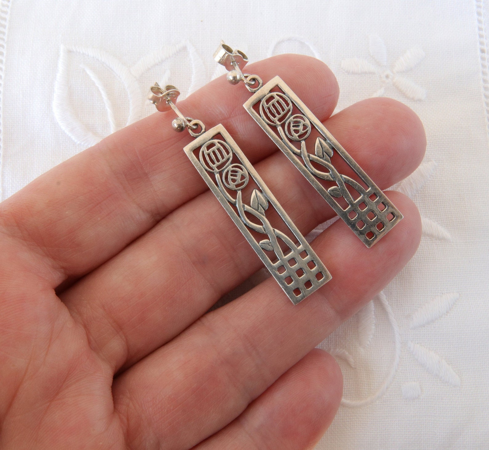 Floral Sterling Ohrringe lange rechteckige Ohrringe | Etsy