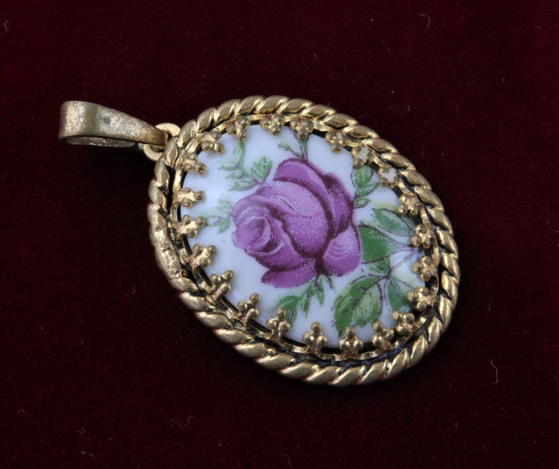 Hand-Painted Roses on Porcelain Vintage Czech Porcelain Pendant