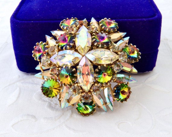 Flower brooch with rhinestones aurora borealis, V… - image 1