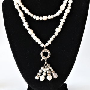White pearl necklace, Beads necklace, Natural pearl, Double row necklace with pendant