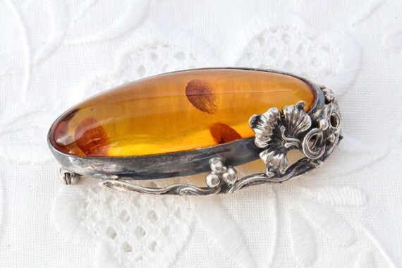Large sterling silver brooch with amber, Oval bro… - image 4