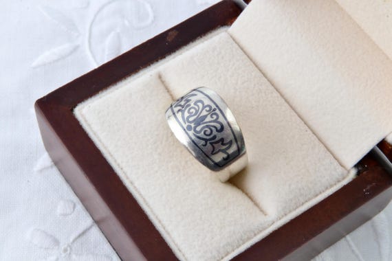 Solid stripe sterling silver ring, Black floral p… - image 2