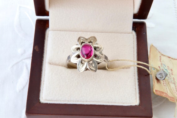 Soviet ruby ring, Sterling silver flower ring wit… - image 1