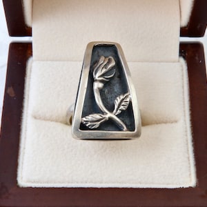 Sterling zilveren rozenring, bloemenring, geometrische ring met roze bloem, vintage handgemaakte zilveren ring