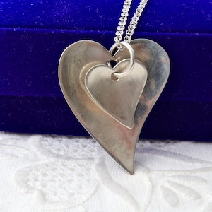 Sterling silver heart pendant, Two silver hearts on chain, Gift for lovers, Sterling silver heart necklace