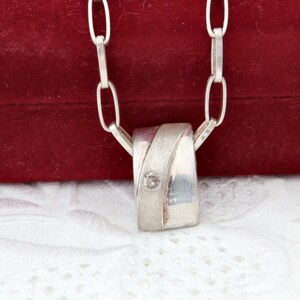 Sterling silver necklace geometric pendant, Forged silver chain, Small silver pendant with rock crystal, Silver necklace for women and men
