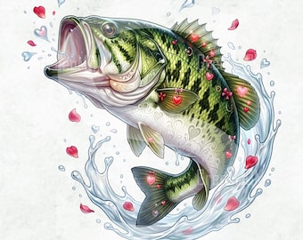 Valentine Bass Fish PNG, Cute Fishing Valentine Sublimation, Love Hearts Fish PNG, Largemouth Bass Valentine Design