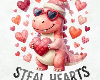 Cute Valentine Dinosaur PNG, Steal Hearts Dino Sublimation Design, Love Dinosaur Clipart, Valentine PNG for T Shirt Mug Tote