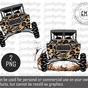May include: Two digital images of a camouflage-patterned off-road vehicle with black wheels, driving through a muddy puddle. The vehicle is facing forward and the front wheels are in the air. The background is white.