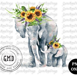 Elephant Floral PNG, Sunflowers, Mother and Baby Elephant Sublimation Design PNG, Graphic, Clip Art, Digital Download
