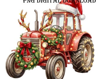 Christmas Tractor PNG, Red Farm Tractor Santa Hat, Vintage Tractor Sublimation, Farm Christmas PNG, Country Xmas Clipart