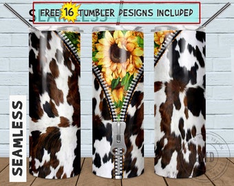 Cowhide Sunflower Zipper 20oz Skinny Tumbler Straight & Tapered Sublimation or Waterslide Digital Design Full Tumbler Wrap PNG.