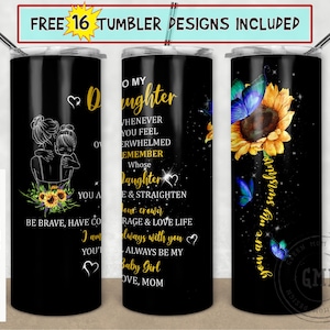 Tochter und Sonnenblume 20oz Skinny Tumbler Straight & Tapered Sublimation, Wasserrutsche Digital Design Full Tumbler Wrap PNG. Schwarzer Hintergrund
