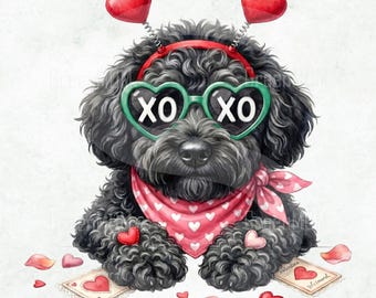 Valentine Goldendoodle Puppy PNG, Black Doodle Dog Valentine Sublimation, Cute Puppy Hearts Love PNG, Valentine Poodle PNG