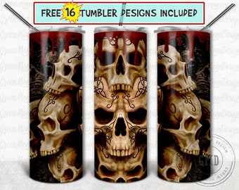 Skull 20oz Skinny Straight & Tapered Sublimation Seamless Halloween Design / Waterslide Full Tumbler Wrap PNG