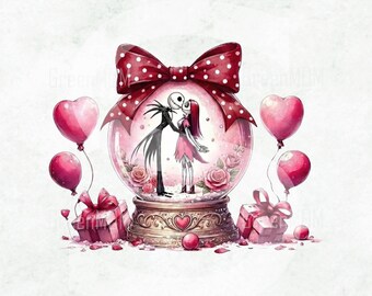 Jack Skellington Valentine PNG, Nightmare Before Christmas Love, Sally Jack Couple Snow Globe, Gothic Valentine Sublimation PNG