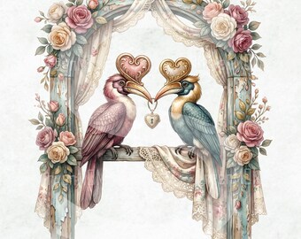 Hornbill Love Birds PNG, Valentine Hornbill Couple Sublimation, Romantic Birds Heart PNG, Vintage Floral Wedding Love Design