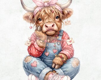 Valentine Highland Cow PNG, Cute Baby Cow Valentine Sublimation, Pink Bow Cow Love PNG, Farm Animal Hearts PNG Design