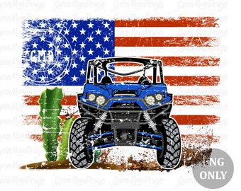 May include: A blue off-road vehicle with a distressed American flag background. The vehicle has a roll cage and large tires. The flag has a white star in a blue circle in the upper left corner.
