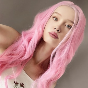 Pink Lace Front Wig Long light , 100% Premium Synthetic Fiber, Free Part, Silk Lace,  champagne blonde wigs, wavy , realistic hairline