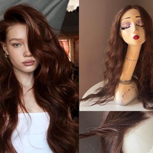 Long wig brown / synthetic curly wavy  Lace Front Wigs / Heat Resistant Luxury Lace Front Wig /  Lace Front Wig Gift for Her.