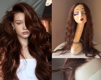 Long Dark Auburn Brown Curly Wavy Lace Front Wig – Heat Resistant Synthetic Hair