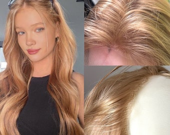 May include: A woman with long, wavy, light brown hair. The image includes close-ups of the hair's texture and the lace front of a wig, showcasing the natural look and the fine details of the hairpiece.