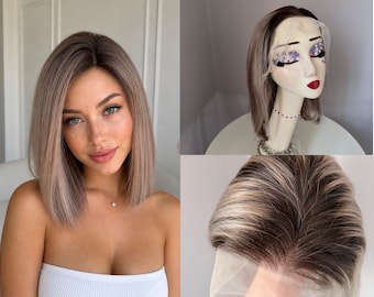 Ombre Blonde Bob Lace Front Perücke 14 Zoll, 100% Echthaar-Perücke, kurzer gerader Bob mit dunklen Wurzeln, transparente Spitze, vorgezupfte natürliche Perücke