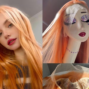 ロング ゴールデン ピーチ ブロンド レース フロント ウィッグ、100% プレミアム合成繊維、フリー パーツ、シルク レース、ハニー ウィッグ、ストレート、リアルなヘアライン