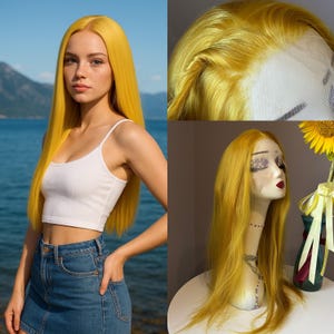 Long yellow Lace Front Wig, 100% Premium Synthetic Fiber, Free Part, Silk Lace,  honey blonde wigs, straight, realistic hairline